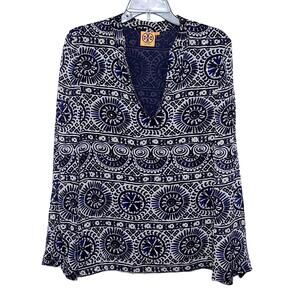 TORY BURCH SILK SHEER LINED‎ LONG SLEEVE GEOMETRIC SEQUINS BLOUSE WOMENS 6